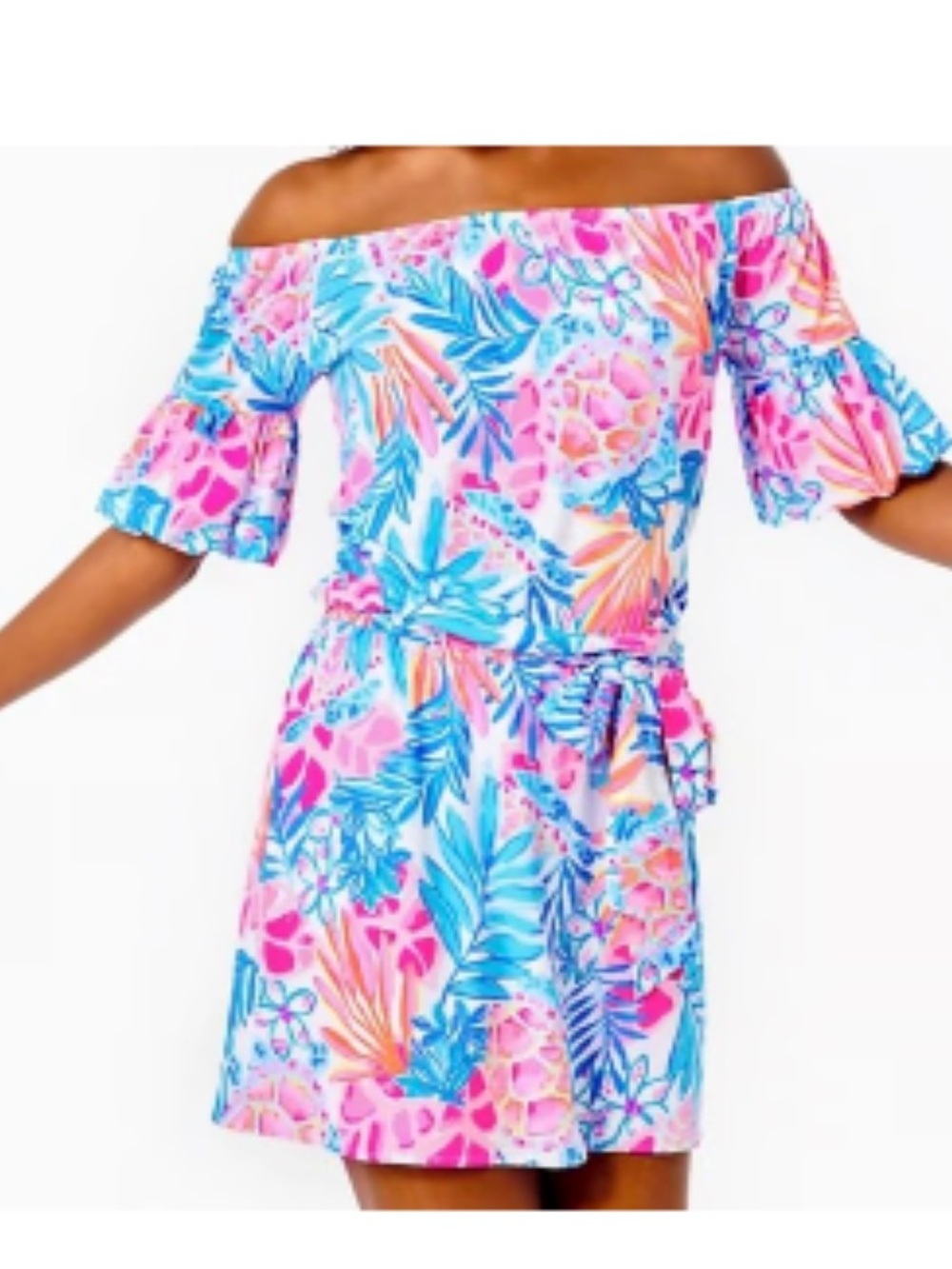 Lilly Pulitzer Samia Off Shoulder Romper S, Resort White Rainforest Retreat. - Picture 7 of 7